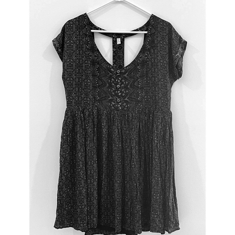 00069 - Free People Black Print Mini Dress‎ V Neck Open Back Womens Medium
